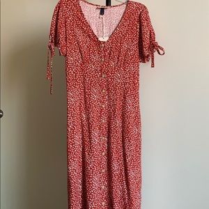 Flower print button up linen blend midi dress
